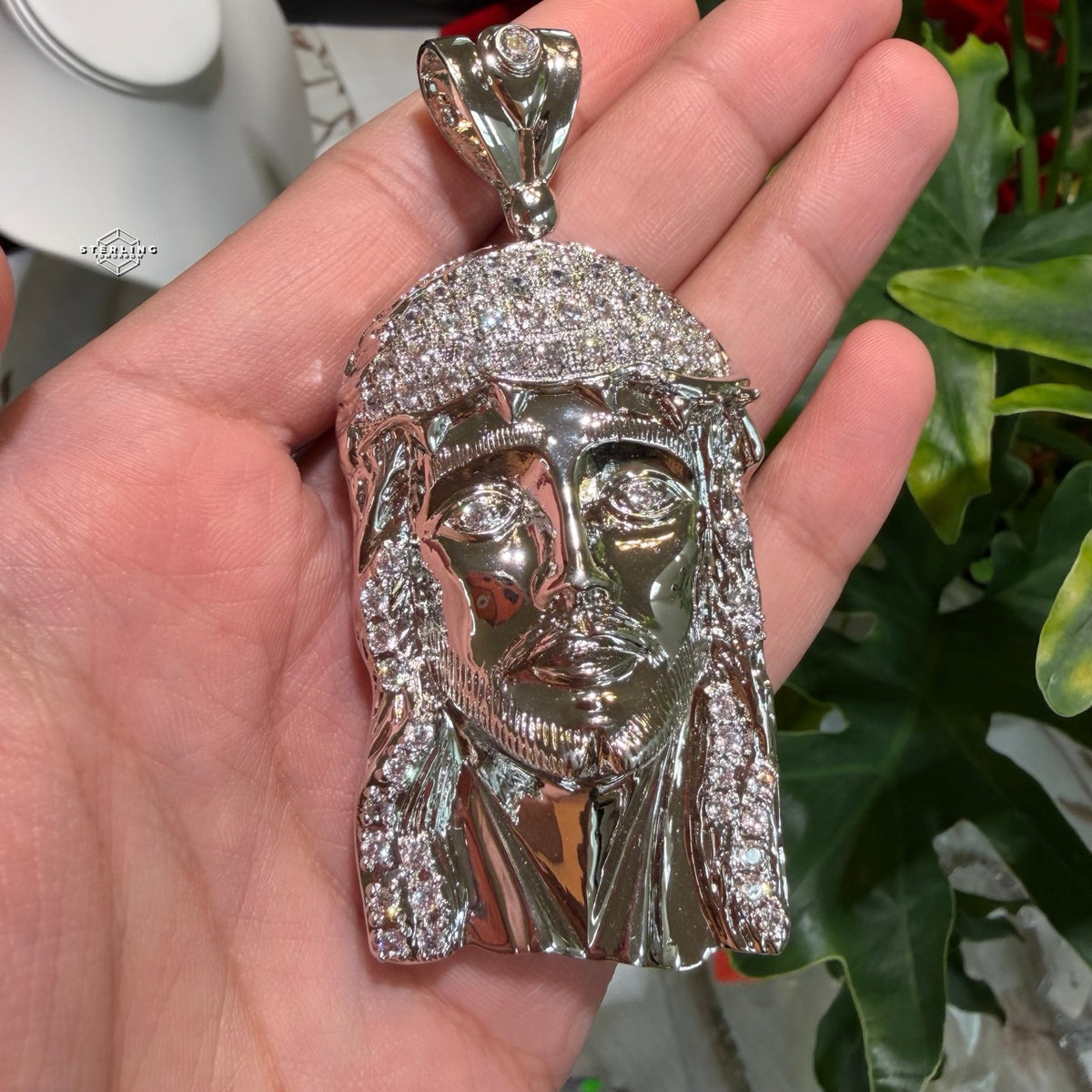 Jesus Face Silver Tone Large Iced Pendant