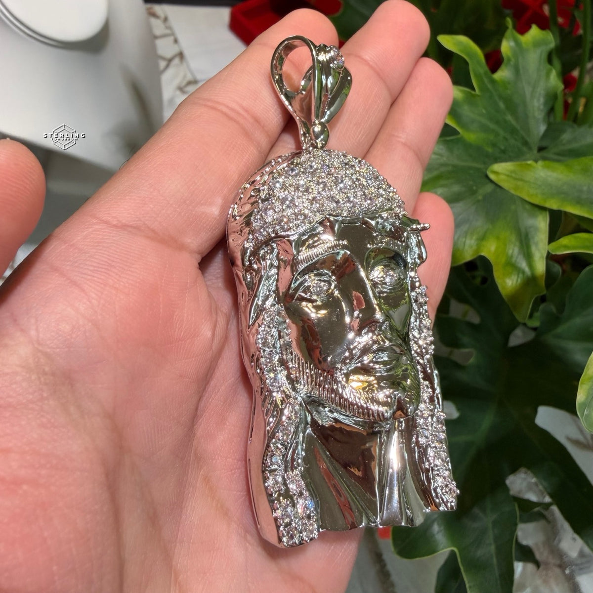 Jesus Face Silver Tone Large Iced Pendant