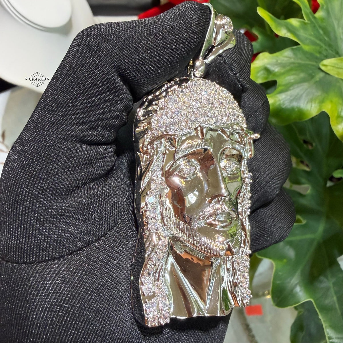 Jesus Face Silver Tone Large Iced Pendant