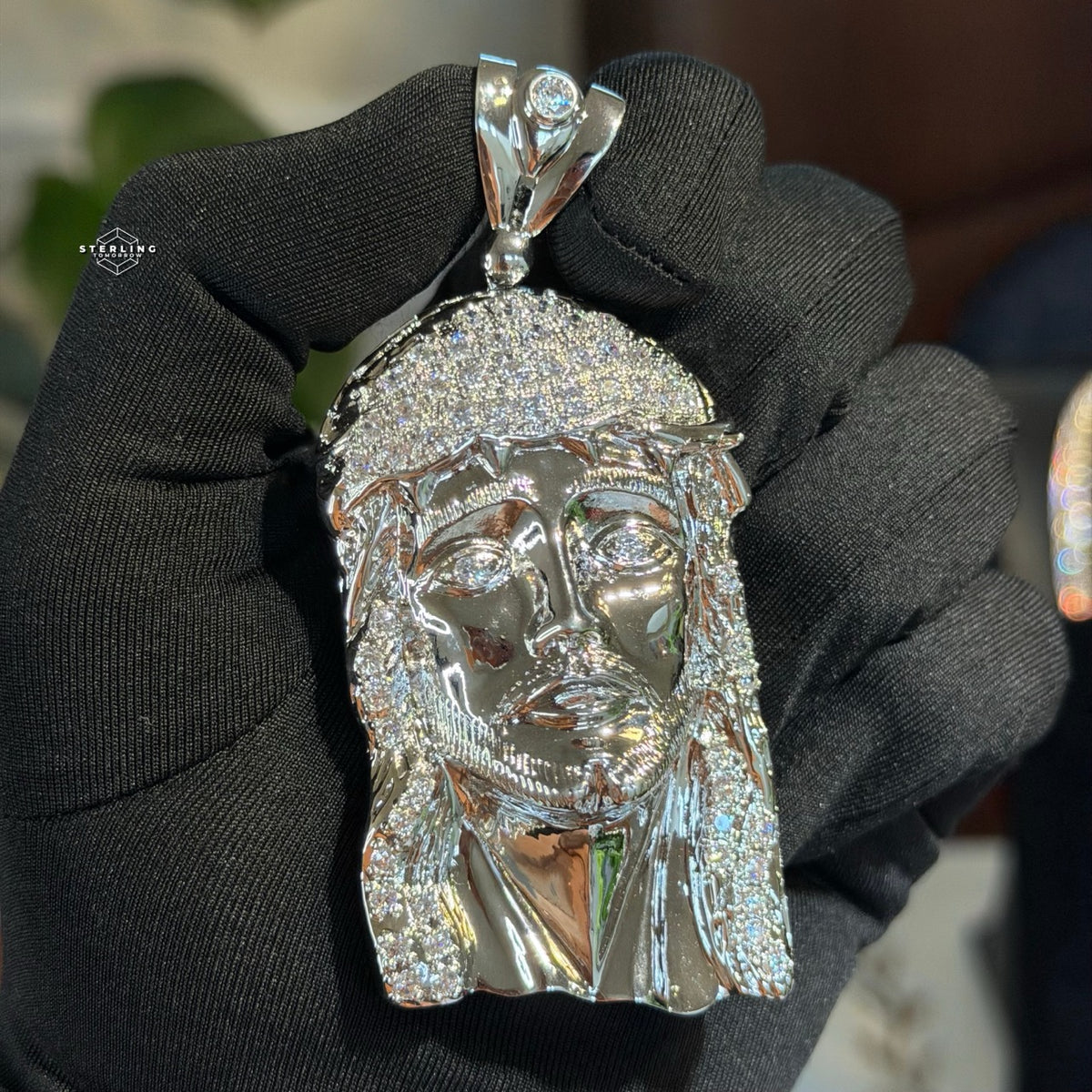 Jesus Face Silver Tone Large Iced Pendant