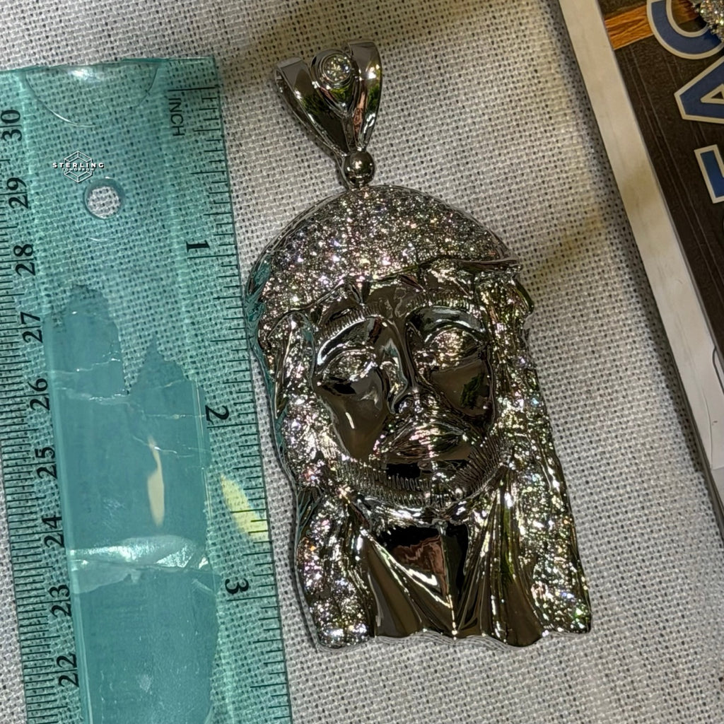 Jesus Face Silver Tone Large Iced Pendant