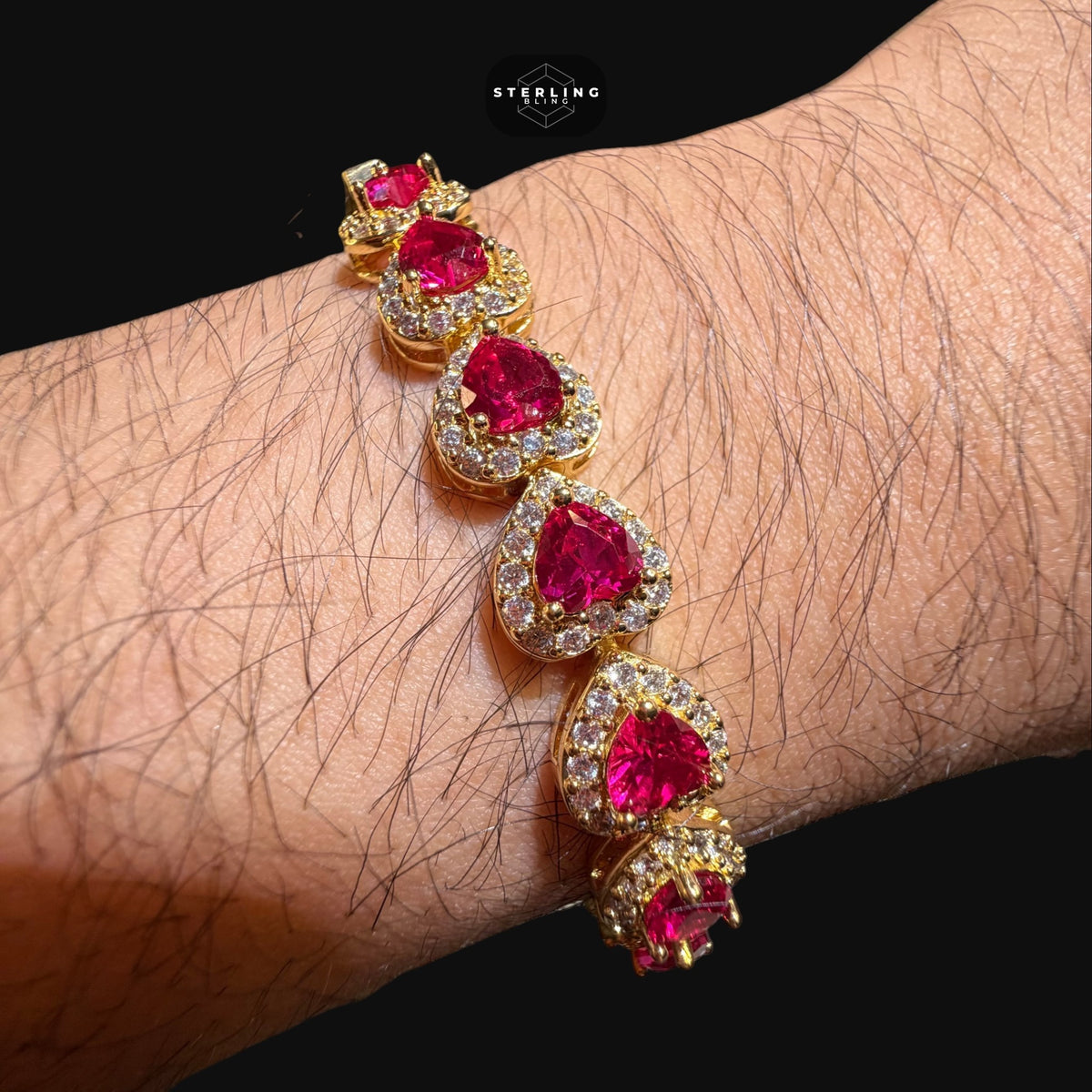 Ruby Heart Bracelet, 14K Gold Plated CZ Tennis Bracelet, 7mm Iced Out Gift for Her