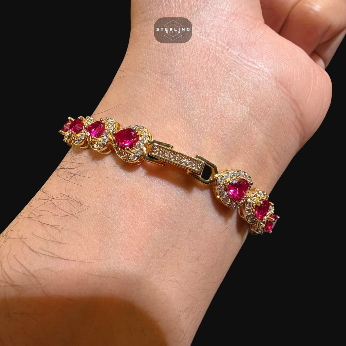 Ruby Heart Bracelet, 14K Gold Plated CZ Tennis Bracelet, 7mm Iced Out Gift for Her