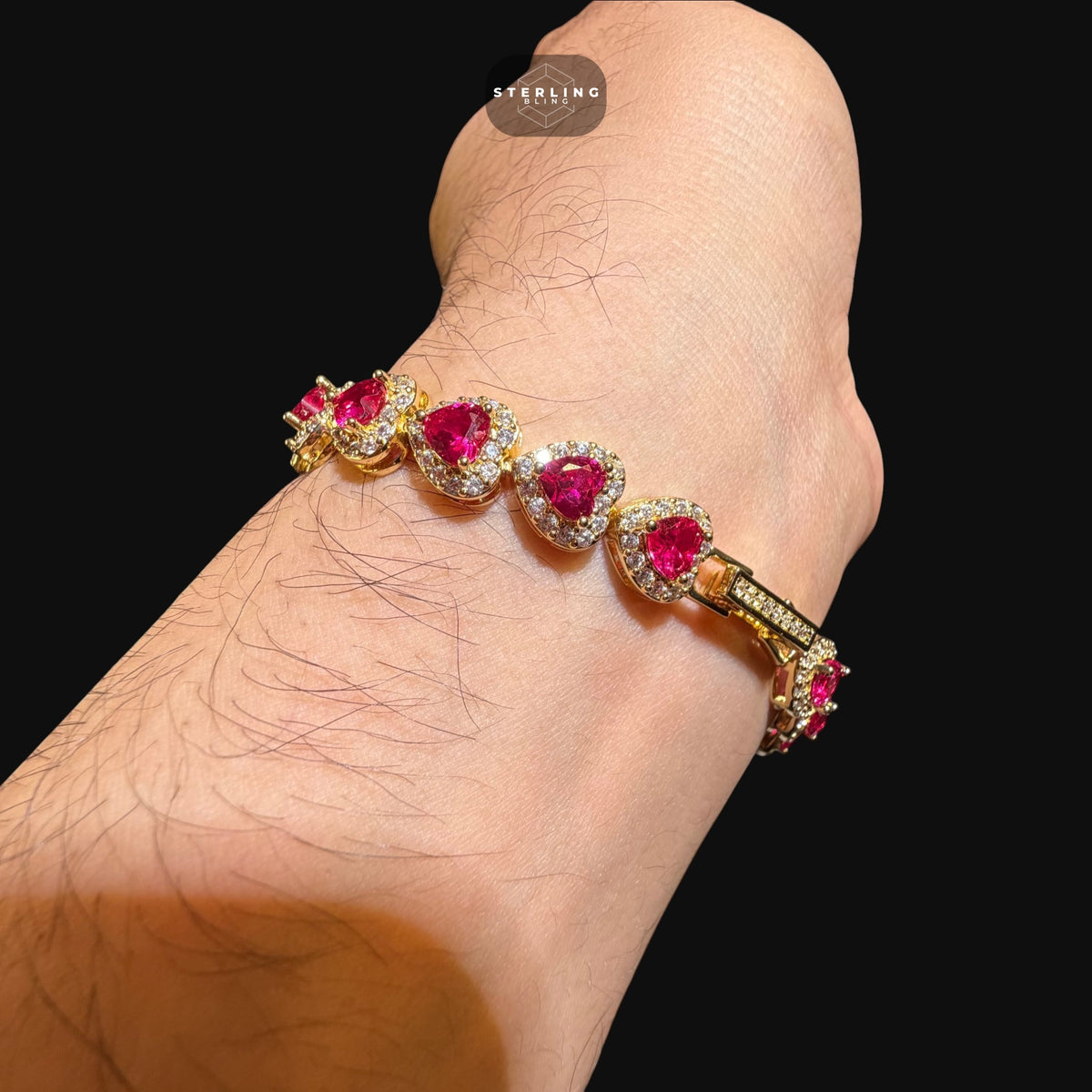 Ruby Heart Bracelet, 14K Gold Plated CZ Tennis Bracelet, 7mm Iced Out Gift for Her