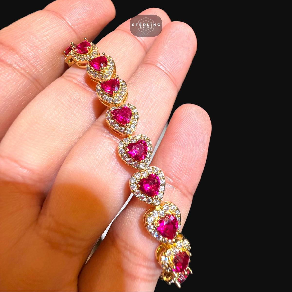 Ruby Heart Bracelet, 14K Gold Plated CZ Tennis Bracelet, 7mm Iced Out Gift for Her