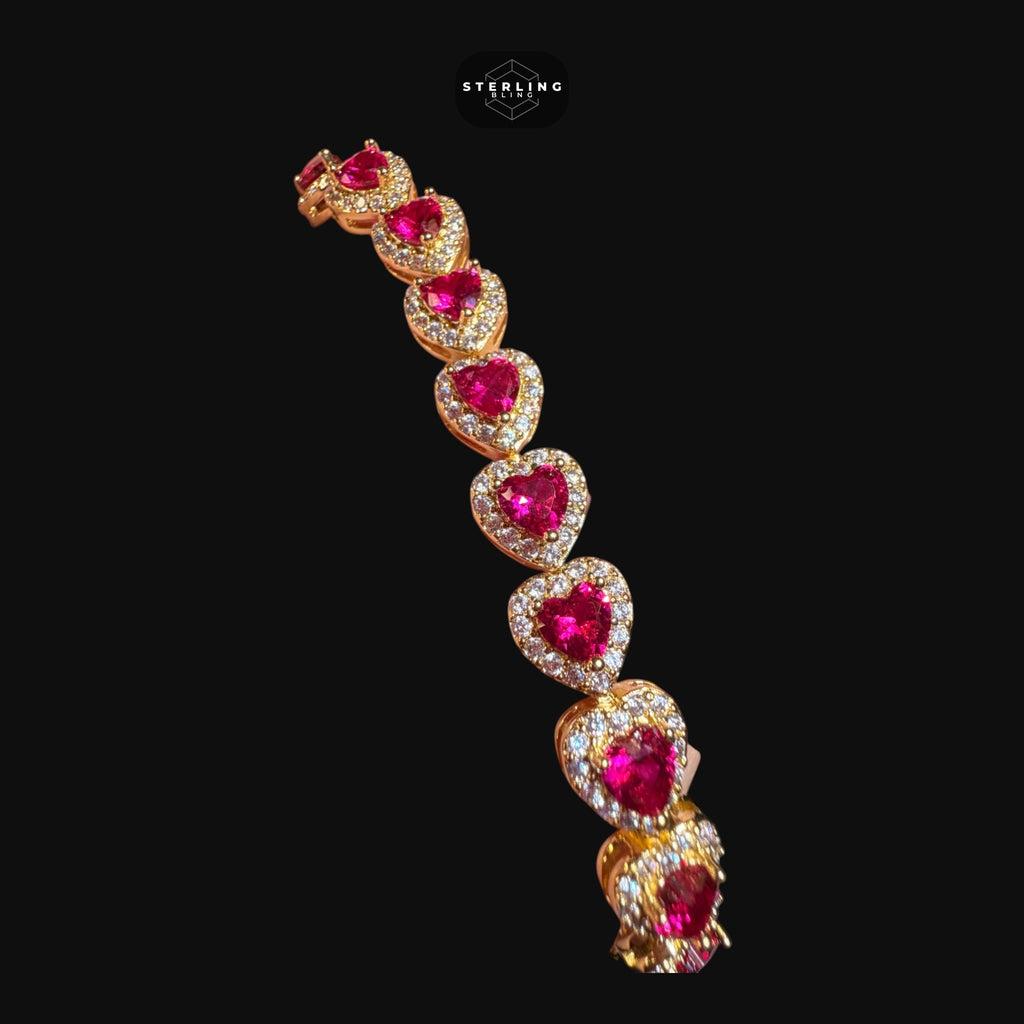 Ruby Heart Bracelet, 14K Gold Plated CZ Tennis Bracelet, 7mm Iced Out Gift for Her