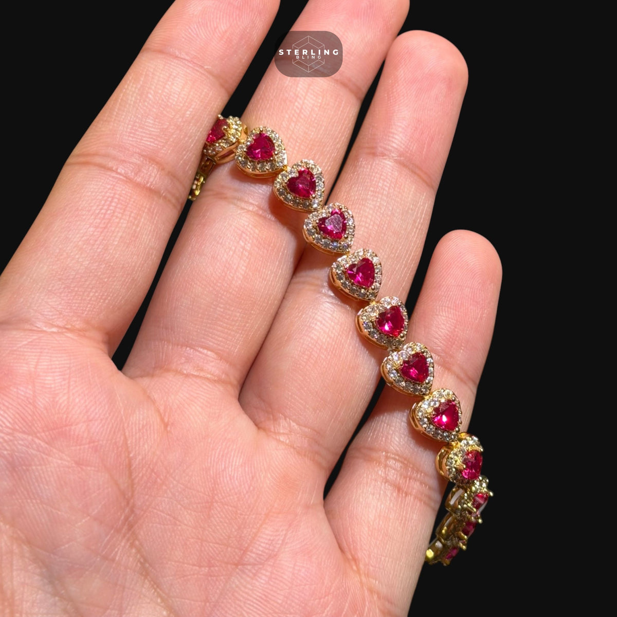 Ruby Heart Bracelet, 14K Gold Plated CZ Tennis Bracelet, 7mm Iced Out Gift for Her