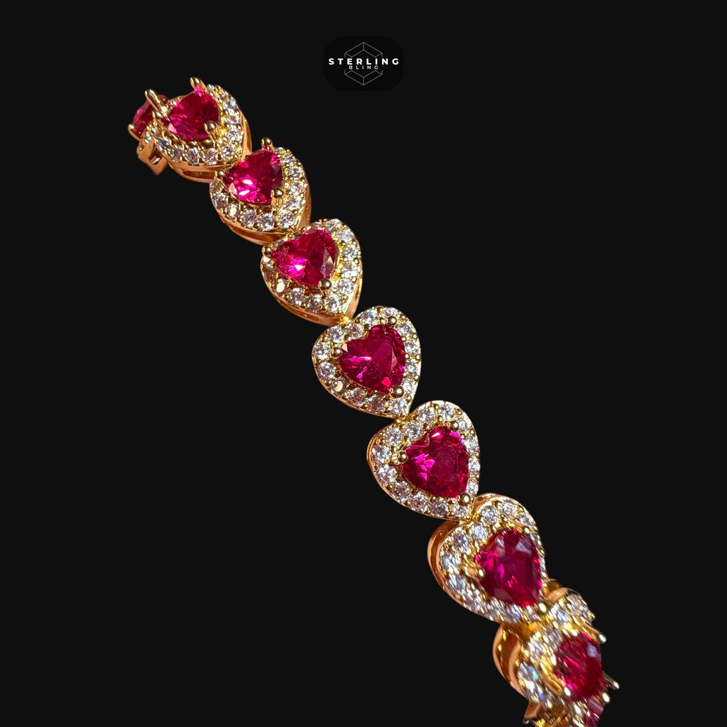 Ruby Heart Bracelet, 14K Gold Plated CZ Tennis Bracelet, 7mm Iced Out Gift for Her