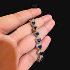 Blue Sapphire Heart Bracelet, 14K Gold Plated CZ Tennis Bracelet, 7mm Iced Out Gift for Her