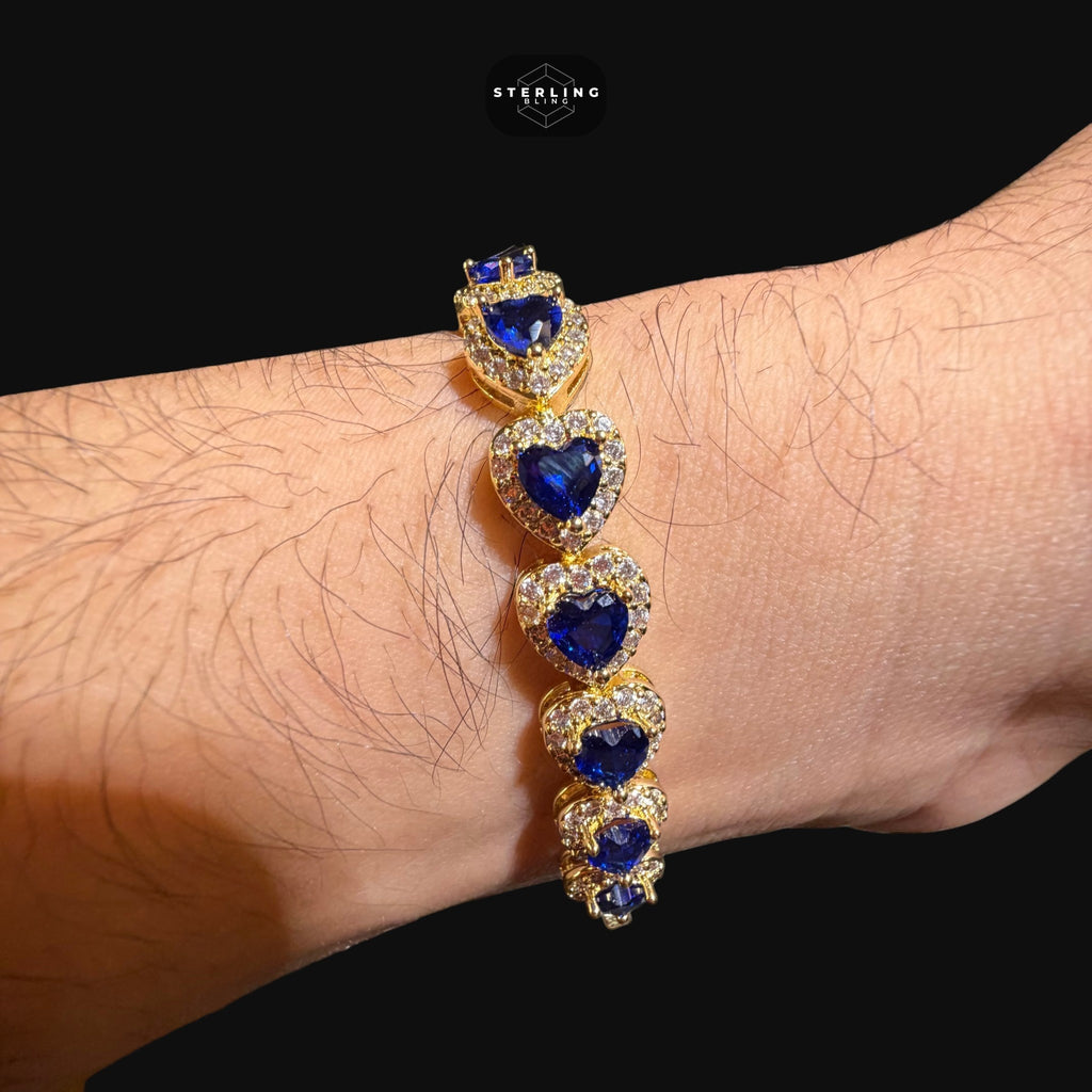Blue Sapphire Heart Bracelet, 14K Gold Plated CZ Tennis Bracelet, 7mm Iced Out Gift for Her