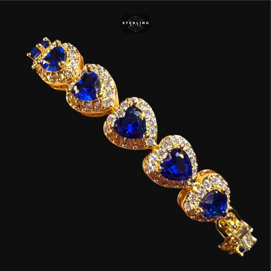 Blue Sapphire Heart Bracelet, 14K Gold Plated CZ Tennis Bracelet, 7mm Iced Out Gift for Her