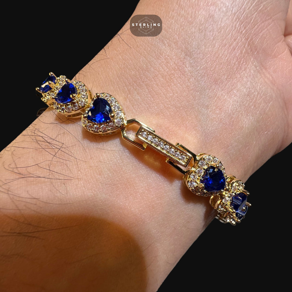 Blue Sapphire Heart Bracelet, 14K Gold Plated CZ Tennis Bracelet, 7mm Iced Out Gift for Her