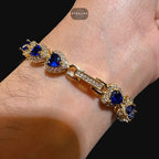 Blue Sapphire Heart Bracelet, 14K Gold Plated CZ Tennis Bracelet, 7mm Iced Out Gift for Her