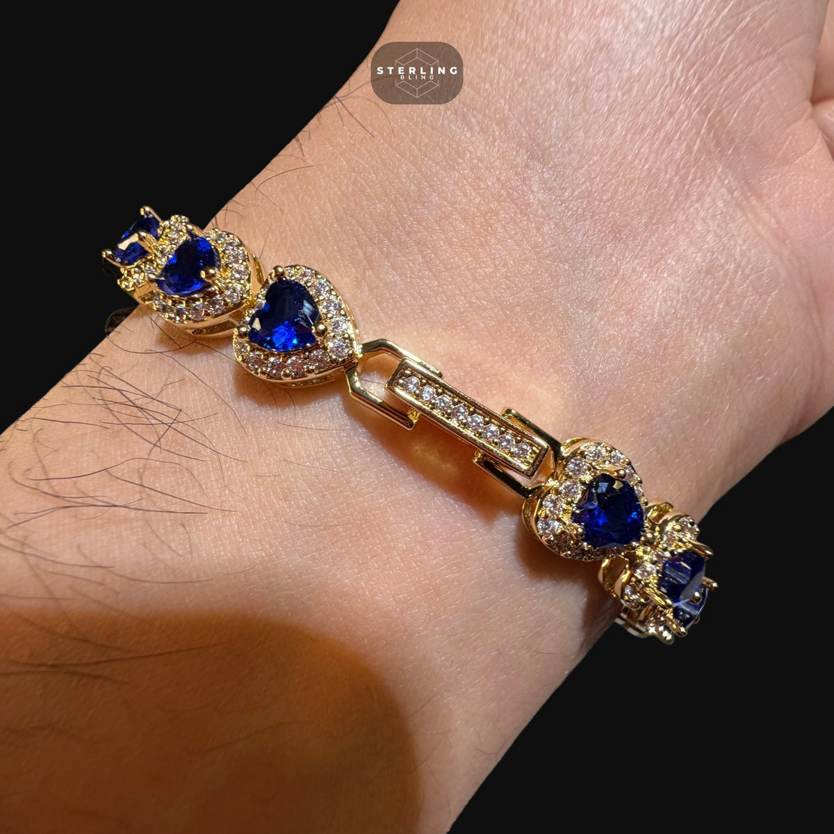 Blue Sapphire Heart Bracelet, 14K Gold Plated CZ Tennis Bracelet, 7mm Iced Out Gift for Her