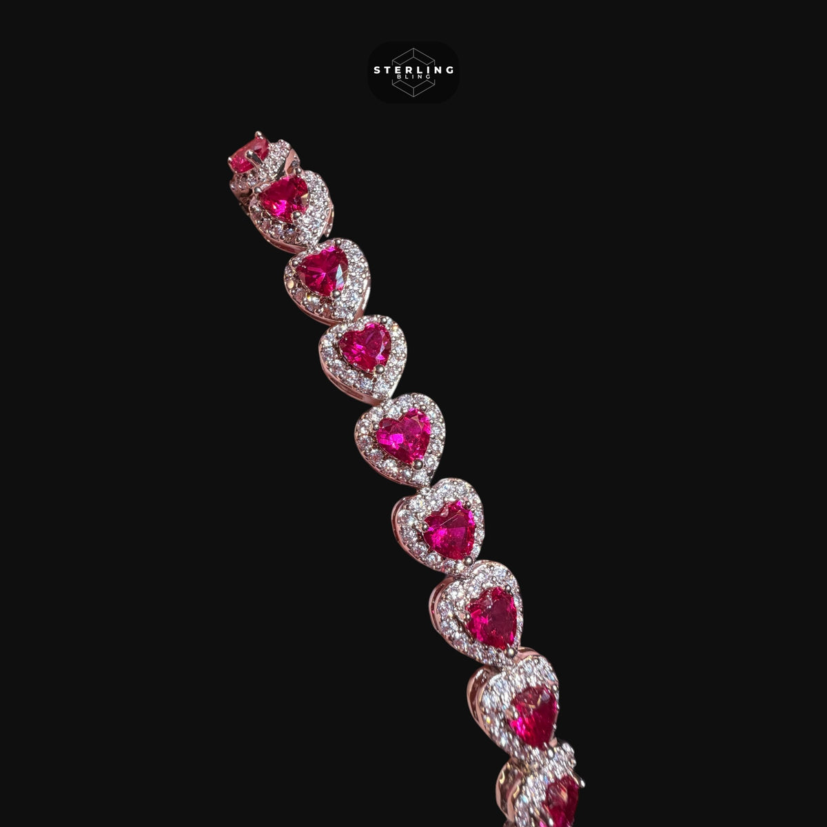 Ruby Heart Bracelet, 14K White Gold Plated CZ Tennis Bracelet, 7mm Iced Out Gift for Her