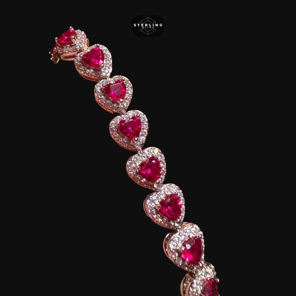 Ruby Heart Bracelet, 14K White Gold Plated CZ Tennis Bracelet, 7mm Iced Out Gift for Her