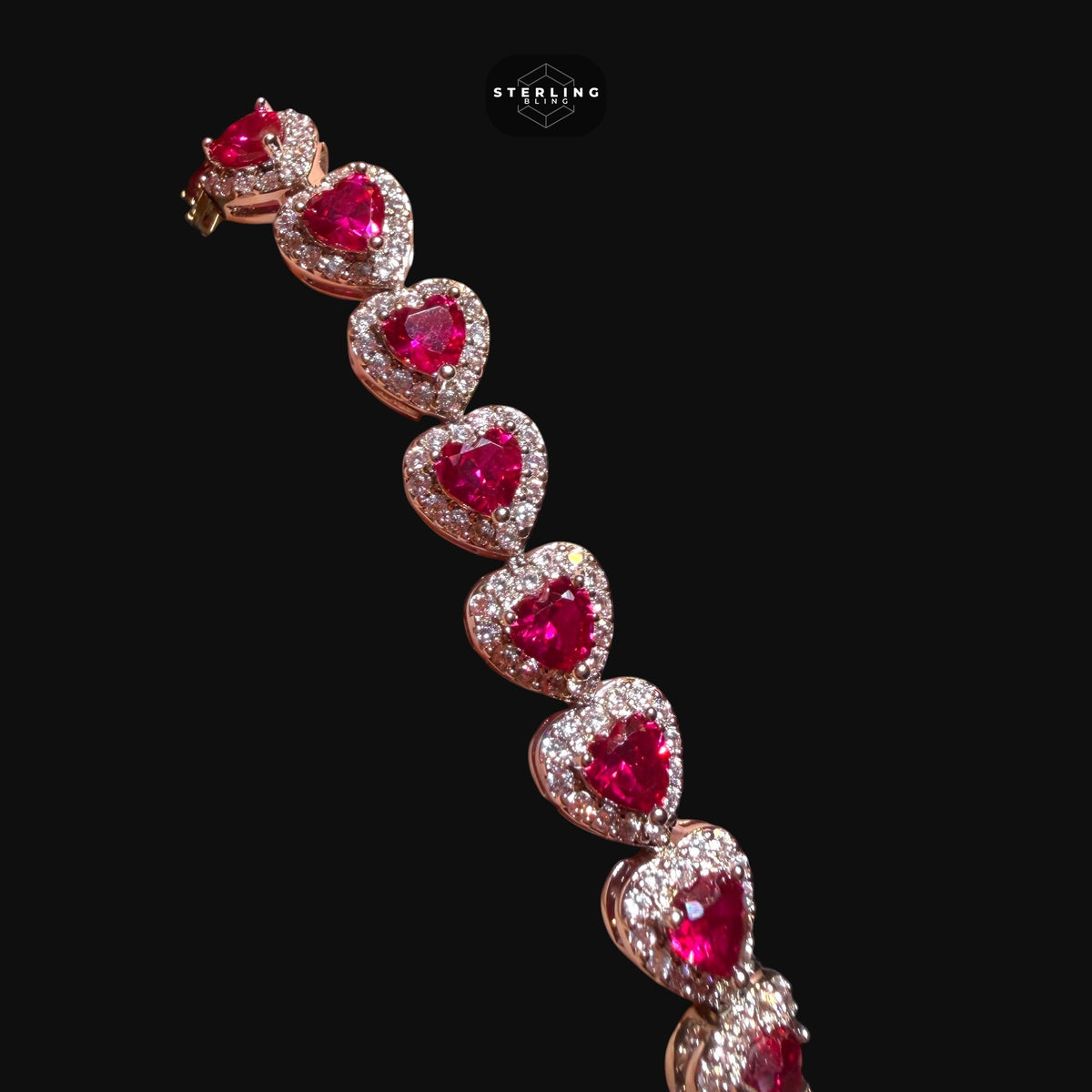 Ruby Heart Bracelet, 14K White Gold Plated CZ Tennis Bracelet, 7mm Iced Out Gift for Her