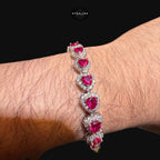 Ruby Heart Bracelet, 14K White Gold Plated CZ Tennis Bracelet, 7mm Iced Out Gift for Her