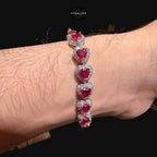 Ruby Heart Bracelet, 14K White Gold Plated CZ Tennis Bracelet, 7mm Iced Out Gift for Her