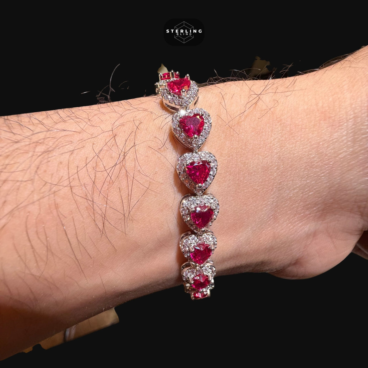 Ruby Heart Bracelet, 14K White Gold Plated CZ Tennis Bracelet, 7mm Iced Out Gift for Her