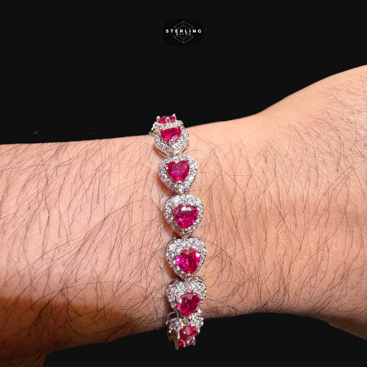 Ruby Heart Bracelet, 14K White Gold Plated CZ Tennis Bracelet, 7mm Iced Out Gift for Her