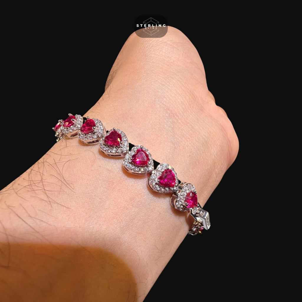 Ruby Heart Bracelet, 14K White Gold Plated CZ Tennis Bracelet, 7mm Iced Out Gift for Her