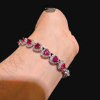 Ruby Heart Bracelet, 14K White Gold Plated CZ Tennis Bracelet, 7mm Iced Out Gift for Her