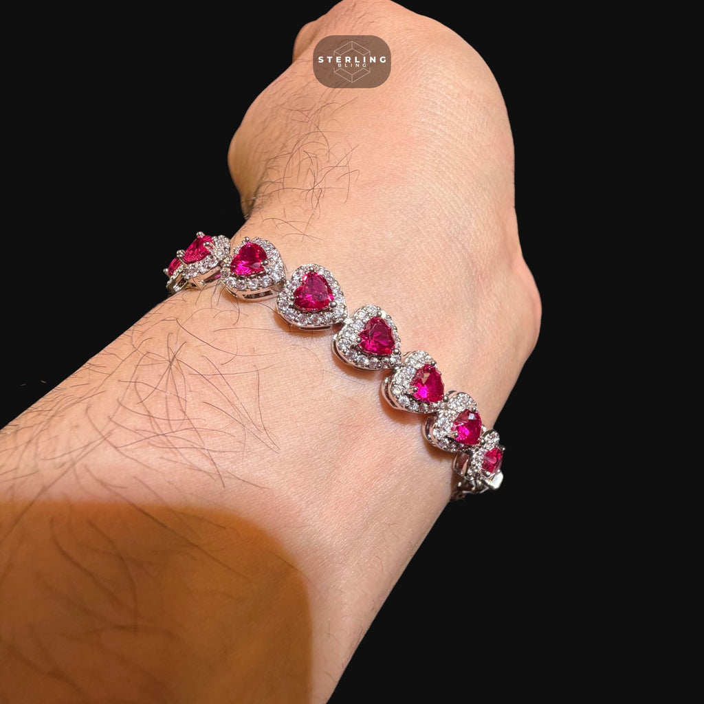 Ruby Heart Bracelet, 14K White Gold Plated CZ Tennis Bracelet, 7mm Iced Out Gift for Her