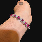 Ruby Heart Bracelet, 14K White Gold Plated CZ Tennis Bracelet, 7mm Iced Out Gift for Her