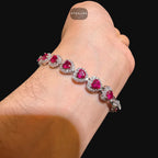 Ruby Heart Bracelet, 14K White Gold Plated CZ Tennis Bracelet, 7mm Iced Out Gift for Her