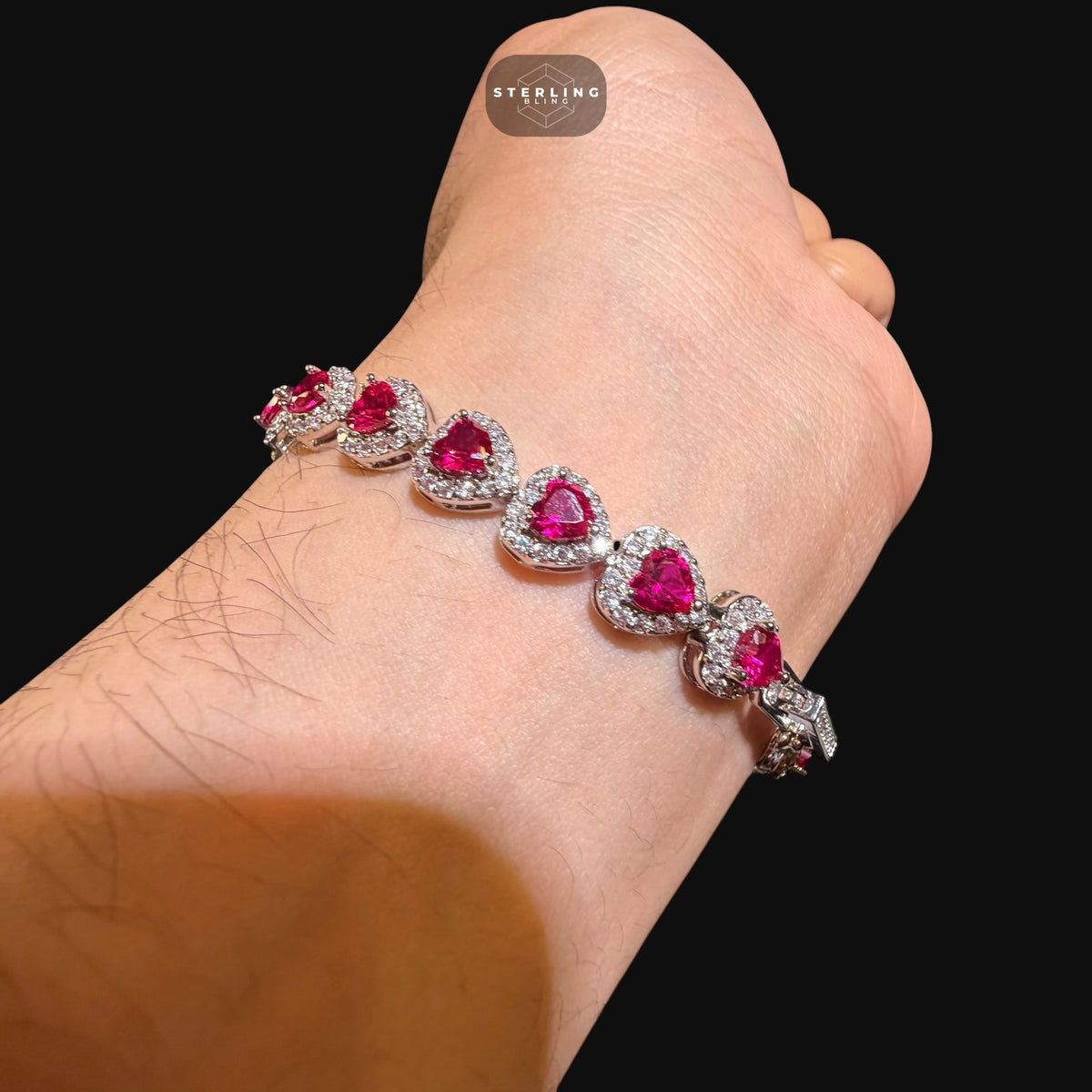 Ruby Heart Bracelet, 14K White Gold Plated CZ Tennis Bracelet, 7mm Iced Out Gift for Her