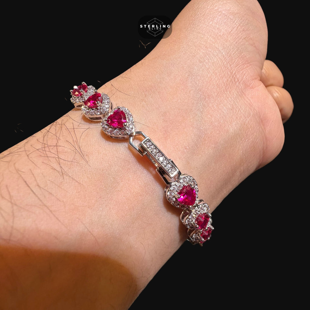 Ruby Heart Bracelet, 14K White Gold Plated CZ Tennis Bracelet, 7mm Iced Out Gift for Her