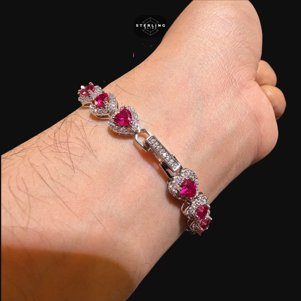 Ruby Heart Bracelet, 14K White Gold Plated CZ Tennis Bracelet, 7mm Iced Out Gift for Her