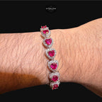 Ruby Heart Bracelet, 14K White Gold Plated CZ Tennis Bracelet, 7mm Iced Out Gift for Her
