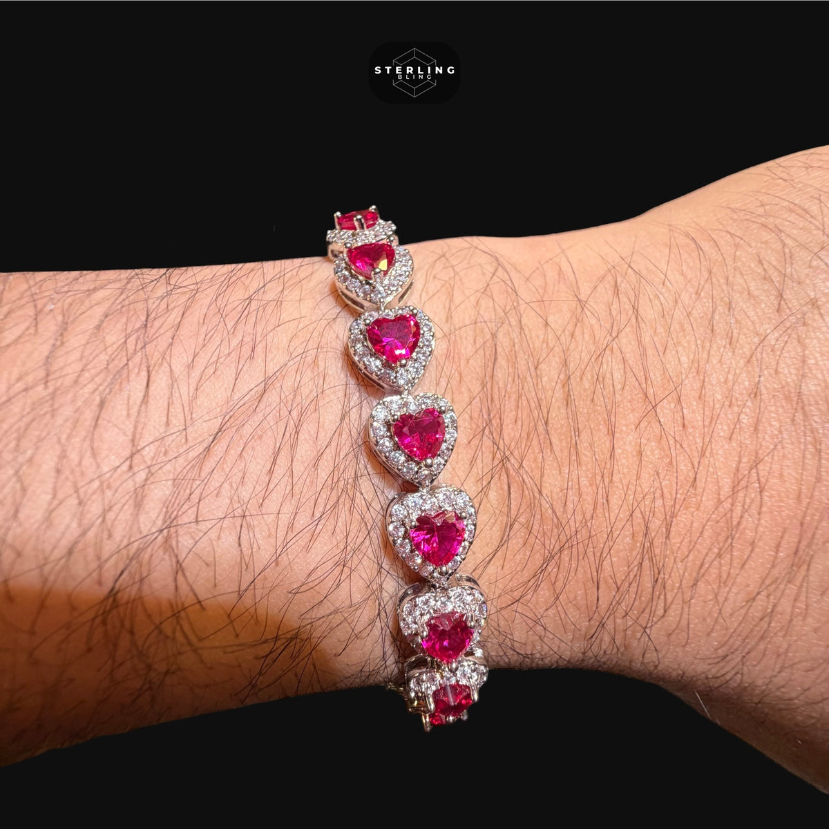 Ruby Heart Bracelet, 14K White Gold Plated CZ Tennis Bracelet, 7mm Iced Out Gift for Her