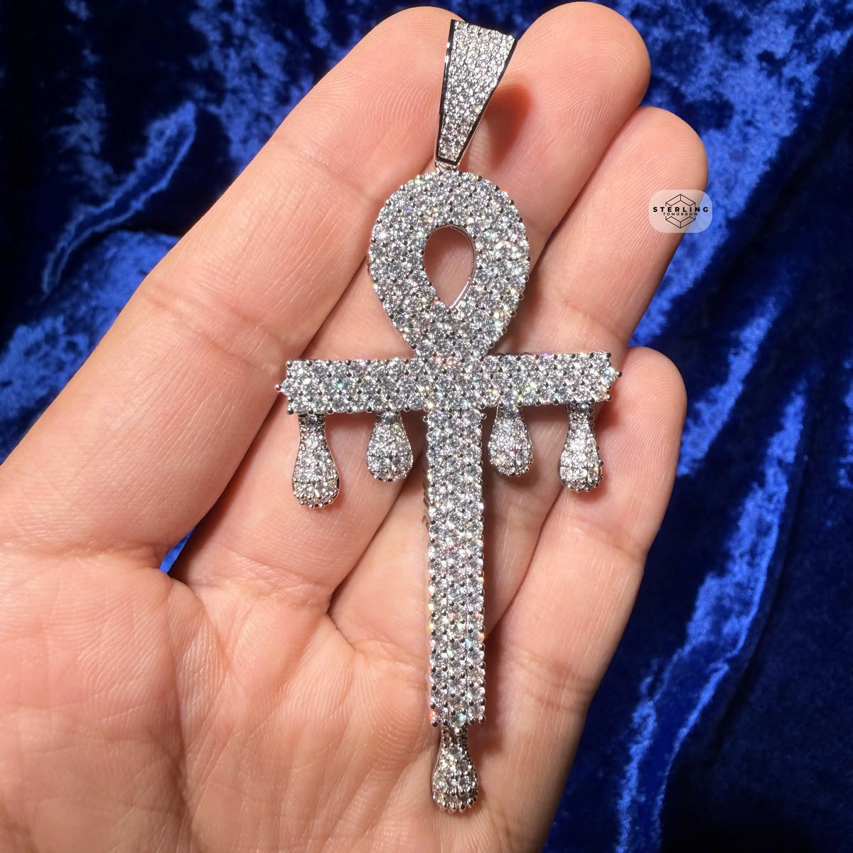 XL Ankh Drip 14k White Gold Plated CZ Iced Pendant + Steel Rope Chain