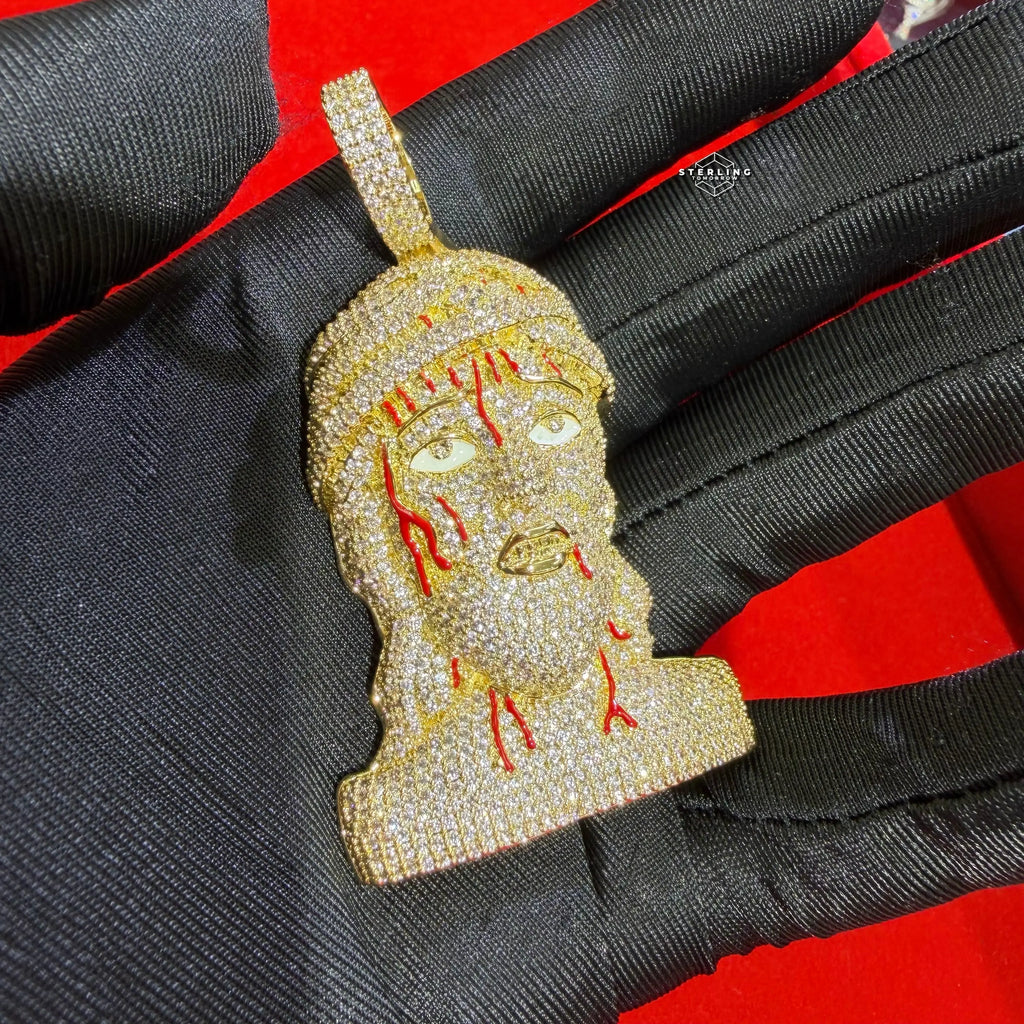 Iced Out Jesus Head Pendant | 14K Gold Plated Hip Hop Religious Necklace w/ Free Rope Chain