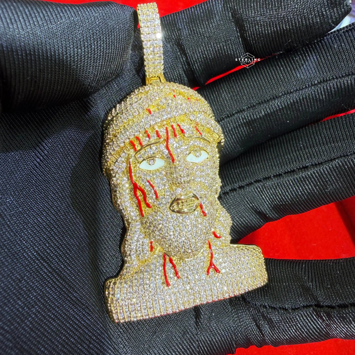 Iced Out Jesus Head Pendant | 14K Gold Plated Hip Hop Religious Necklace w/ Free Rope Chain