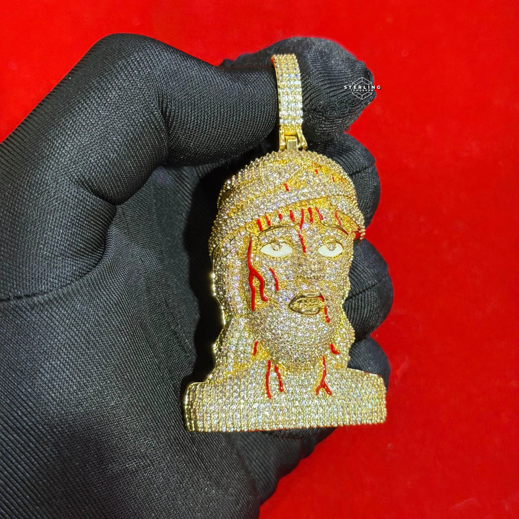 Iced Out Jesus Head Pendant | 14K Gold Plated Hip Hop Religious Necklace w/ Free Rope Chain