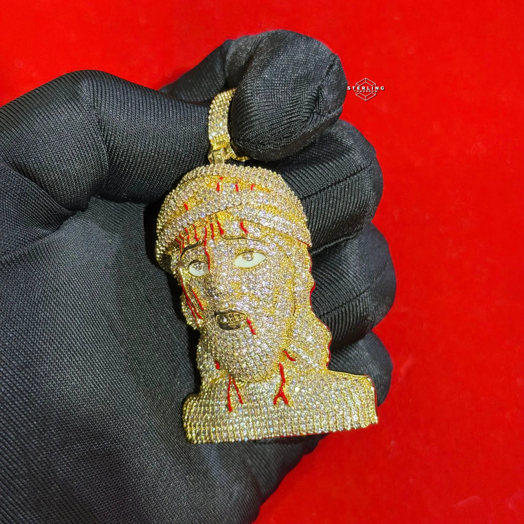 Iced Out Jesus Head Pendant | 14K Gold Plated Hip Hop Religious Necklace w/ Free Rope Chain