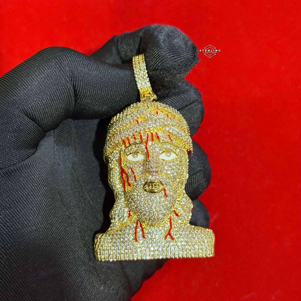 Iced Out Jesus Head Pendant | 14K Gold Plated Hip Hop Religious Necklace w/ Free Rope Chain