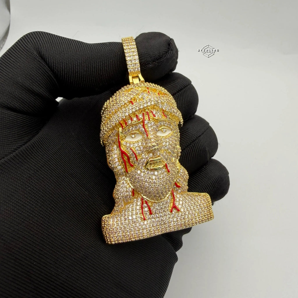 Iced Out Jesus Head Pendant | 14K Gold Plated Hip Hop Religious Necklace w/ Free Rope Chain