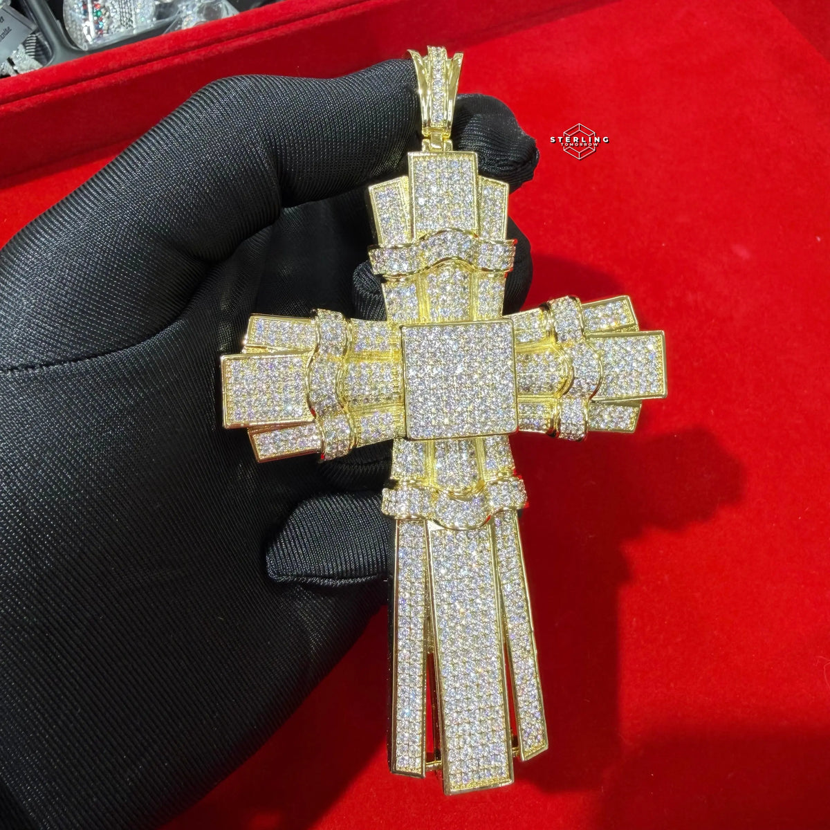 X Large Gold Cross Iced Out Detail Pendant