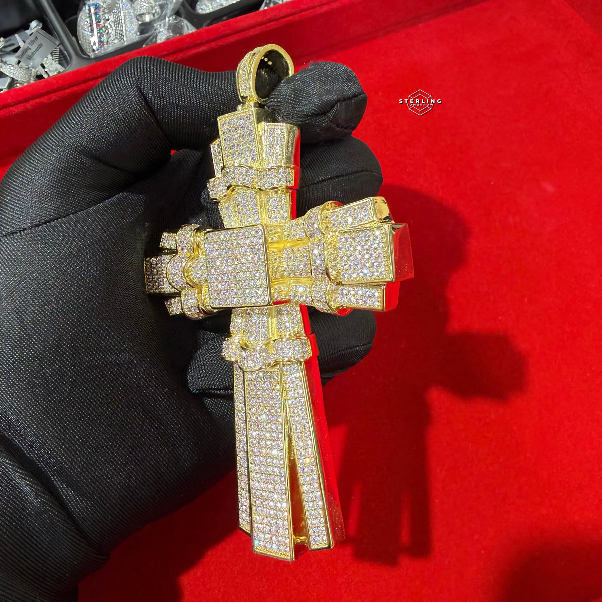 X Large Gold Cross Iced Out Detail Pendant