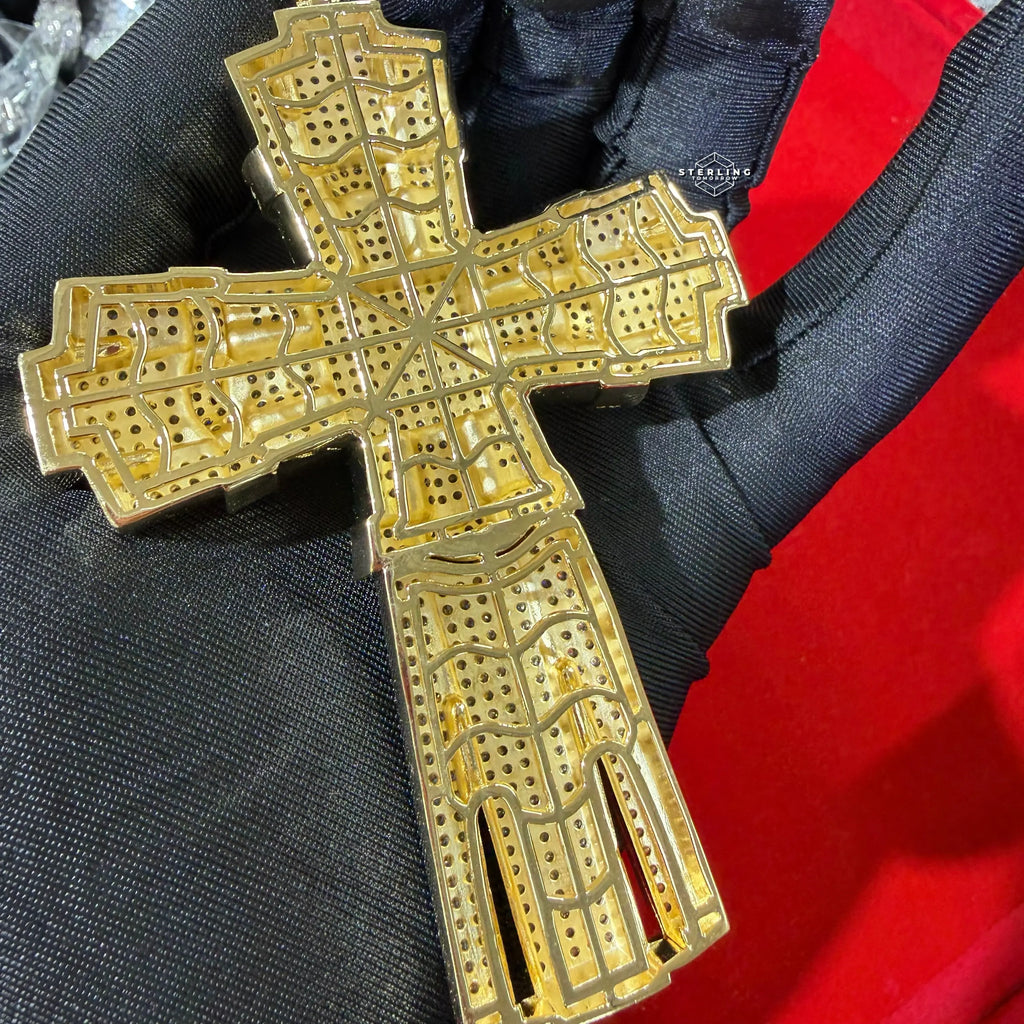 X Large Gold Cross Iced Out Detail Pendant