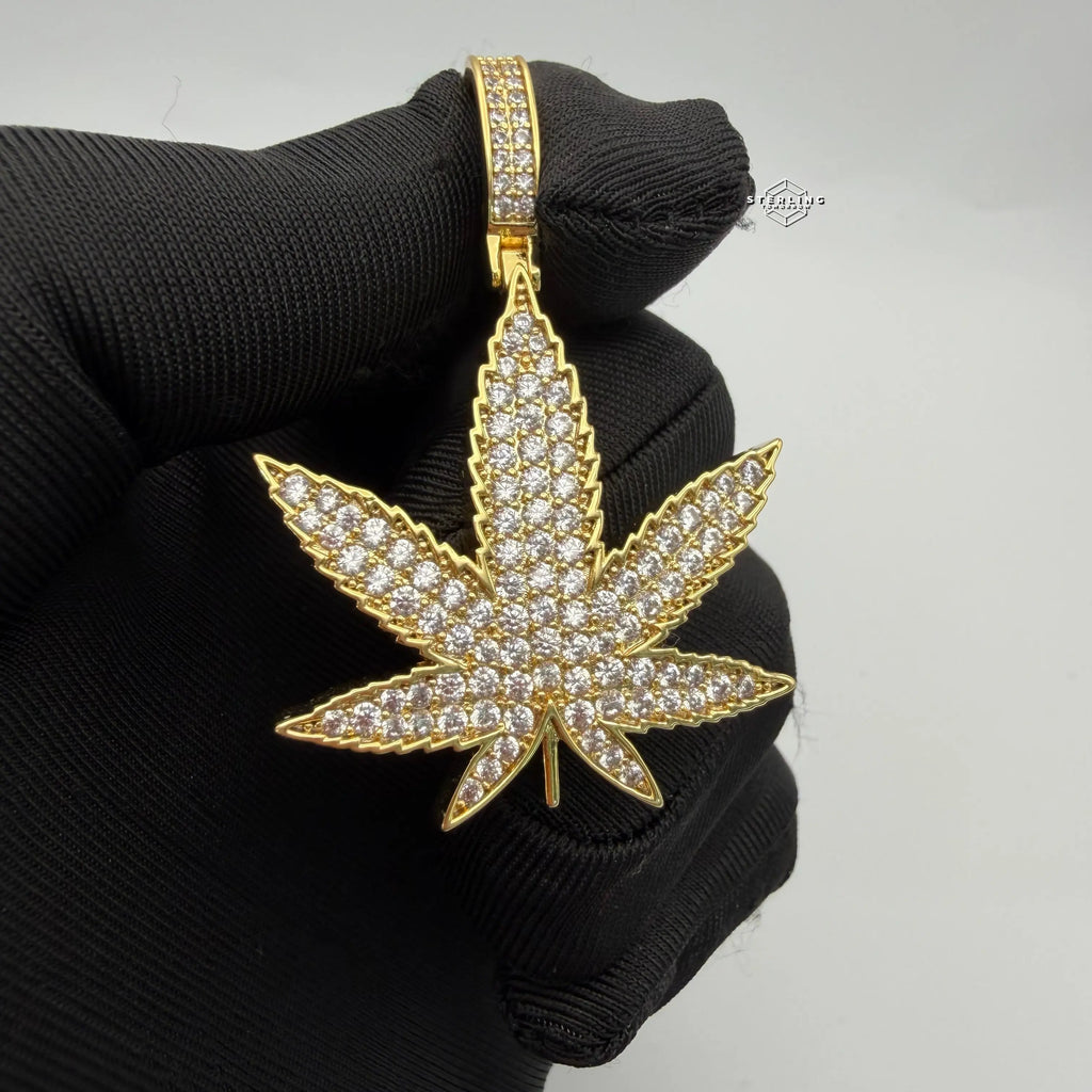 Marijuana 420 Gold Tone Weed Leaf Iced Out Pendant