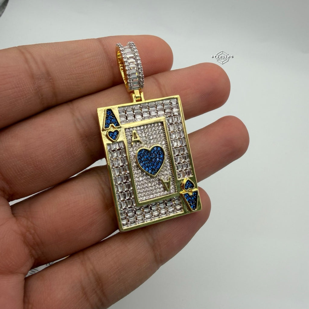 Ace of Hearts Card Pendant | 14K Gold Plated Blue Heart CZ Playing Card Necklace, Iced Out Hip Hop Pendant with Free Rope Chain