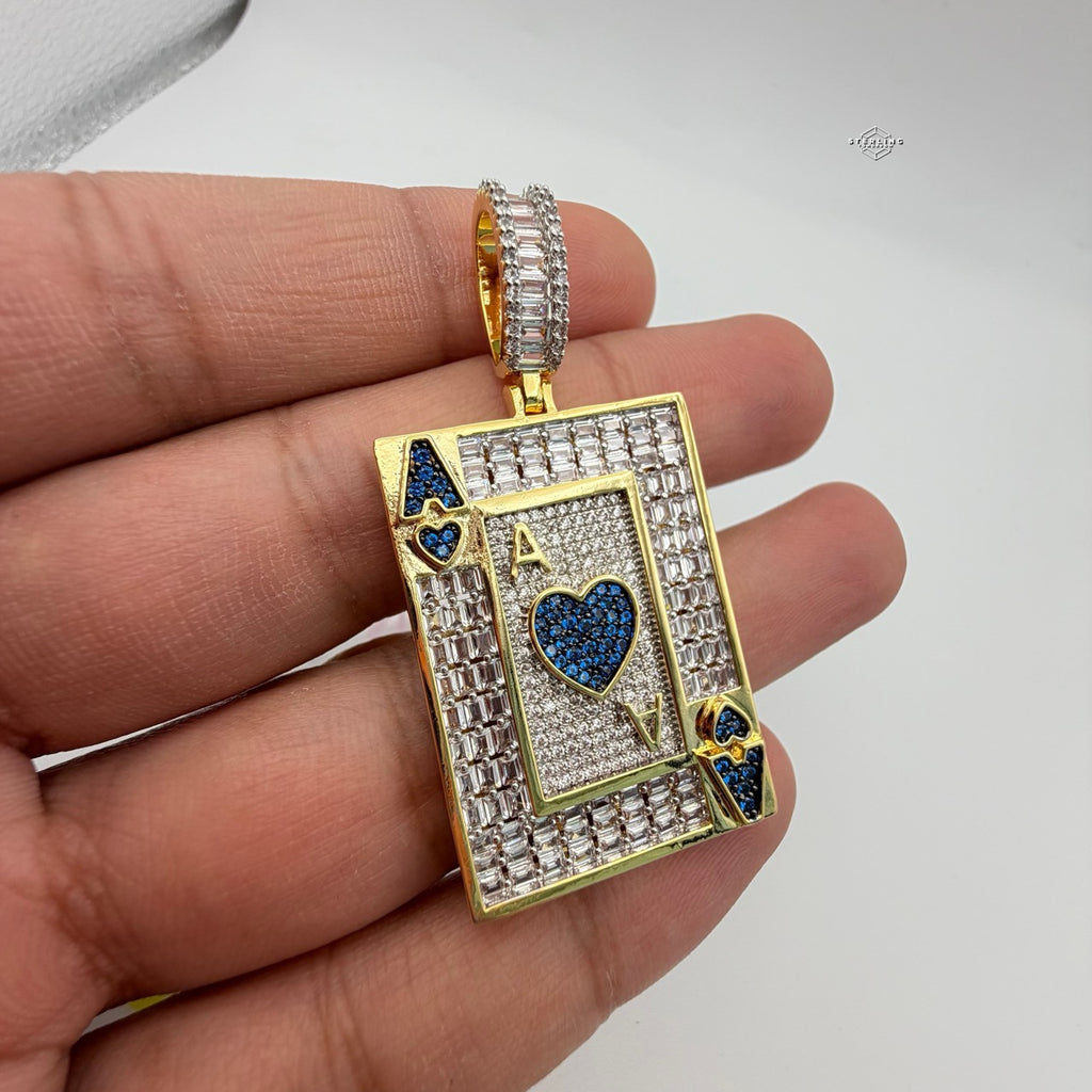 Ace of Hearts Card Pendant | 14K Gold Plated Blue Heart CZ Playing Card Necklace, Iced Out Hip Hop Pendant with Free Rope Chain