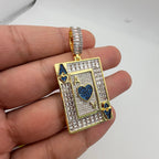 Ace of Hearts Card Pendant | 14K Gold Plated Blue Heart CZ Playing Card Necklace, Iced Out Hip Hop Pendant with Free Rope Chain