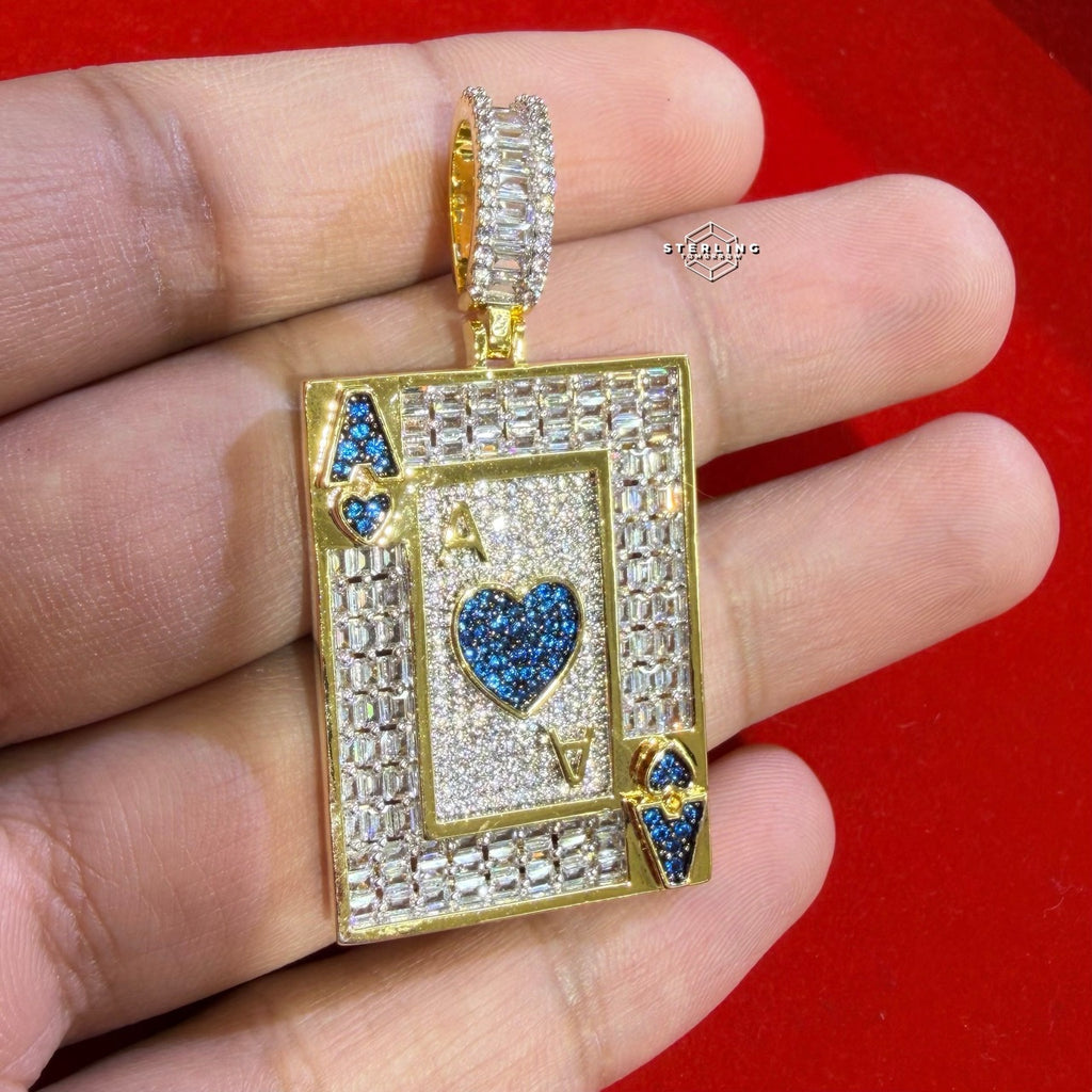 Ace of Hearts Card Pendant | 14K Gold Plated Blue Heart CZ Playing Card Necklace, Iced Out Hip Hop Pendant with Free Rope Chain